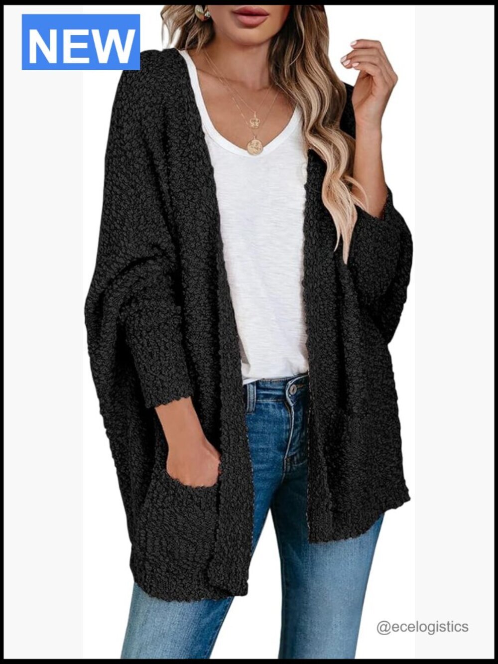 Sweaters, Chunky Popcorn Cardigan, Oversized Open Front Batwing Long Sleeve